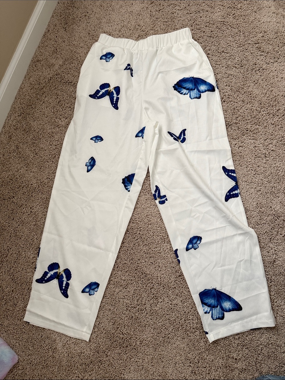 Amazon White Pants with Blue Butterfly Print